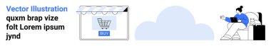Alışveriş arabasının düğmesi olan bir e-ticaret mağazası. Dizüstü bilgisayar kullanan bir kadın. Pazarlama, perakende, teknoloji, iş, seyahat, bulut hesaplama, düz iniş sayfası afişi için ideal