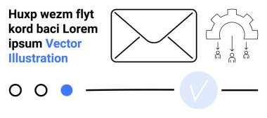 Metnin yanında zarf simgesi, insan figürleri, daireler ve işaretli bir çark. İş, iletişim, iş akışı otomasyonu, e-posta hizmetleri, görev yönetimi ekibi işbirliği için ideal