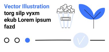 Minimalist bir tasarımda patlamış mısır kabı, mavi yaprak ve interaktif yapay zeka elementleri. Tasarım kavramları, web ögeleri, etkileşim, basitlik, yaratıcı fikirler ve modern grafikler için ideal