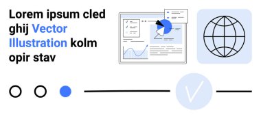 İş veri analizi paneli, küresel konsept için dünya ikonu, metin ve düğme elemanları. Sunumlar, web siteleri, iş raporları, küresel erişim temaları, veri görselleştirmesi, teknolojik makaleler için ideal