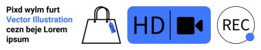 Etiketli alışveriş çantası, HD video kamera ikonu ve canlı REC düğmesi. E-ticaret, video pazarlama, medya, yayın, alışveriş uygulamaları, reklam içeriği oluşturma düz iniş sayfası afişi için ideal