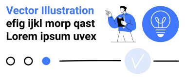 Menajer elinde yazı tahtasıyla işaret ediyor. Ampul simgesi ve dairesel grafikler. Açık mavi daireyi işaretle. Sunumlar, iş kavramları ve proje yönetimi için ideal