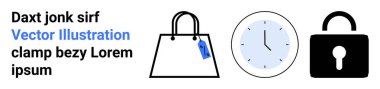 Fiyat etiketli alışveriş çantası, saati gösteren analog saat ve güvenliği simgeleyen asma kilit. Perakende, ecomce, alışveriş, zaman yönetimi, güvenlik işleri için ideal online platformlar. Düz iniş