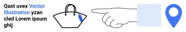 El işaretleri bir el çantasına doğru, nesneler ve konum sembolü vurgulanıyor. Lojistik, navigasyon, alışveriş, e-ticaret, teslimatlar, talimatlar için ideal. Düz iniş sayfası pankartı