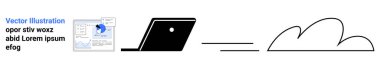 Laptop veri raporları ve çizelgelerle bulut deposuna giriyor. Bulut hesaplama, veri analizi, çevrimiçi işbirliği, uzak çalışma, teknoloji, bulut depolama, soyut çizgi düz metaforu için ideal
