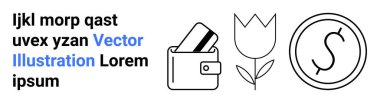 Cüzdanında kredi kartı, lale çiçeği ve yanında yazı örneği olan para birimi simgeleri var. Finans, e-ticaret, doğa, ödemeler, bahçe ekonomisi çiçek temaları için idealdir. İniş sayfası
