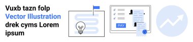 İlerleme çubuğuyla listelenmiş görevler, fikirler için ampul, ödeme makbuzu, büyüme tablosu. İş, verimlilik, finans, iş akışı, yenilik ödemeleri için ideal soyut çizgi düz metafor