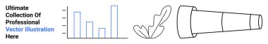 Veri eğilimleri için çubuk grafik, doğa veya yaratıcılık için soyut yaprak ve görme ve keşfi sembolize eden teleskop. İş için ideal, analitik, yaratıcılık, eğitim, keşif, markalaşma dairesi