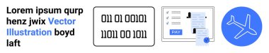 İkili kod, elektronik ödeme formu ve çevrimiçi işlemleri, dijital sistemleri ve seyahati sembolize eden uçak ikonu. Teknoloji, finans, seyahat, e-ticaret küreselleşme, soyut yenilikler için ideal