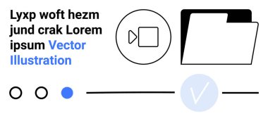 Siyah klasör simgesi, video kamera ikonu, mavi ve siyah daireler, kalın ve ince çizgiler, mavi daire ve yer tutucu metin işaretleri. Medya organizasyonu ve dosya yönetimi için ideal