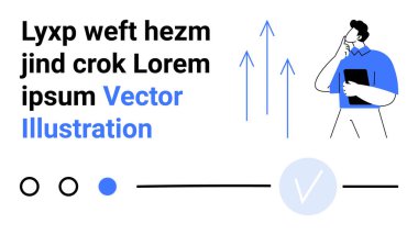 Elinde tablet tutan iş adamı soyut metin ve tasarım elementlerinin yanında yukarı doğru ok analizi yapıyor. İş analizi, veri büyümesi, fikir üretimi, profesyonel kalkınma ve pazar için ideal