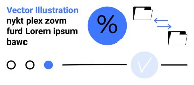 Yüzdelik çember, metin, klasörler, dosya transferi, sıra çemberleri ve kontrol işaretleri. Veri yönetimi, dosya organizasyonu, ilerleme takibi, analitik görev tamamlama iş süreçleri için ideal