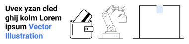 Robotik kol, kartlı cüzdan, basit kutu, yanında da metin. Otomasyon için ideal, robotik, finans, minimalizm endüstrisi teknoloji tasarımı modern uygulamalar. İniş sayfası