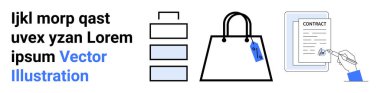 Etiketi iliştirilmiş alışveriş çantası, dosya yığını ve bireysel imza sözleşmesi. İş, alışveriş, hukuk, organizasyon, anlaşma, e-ticaret modern sahanlık sayfası için ideal