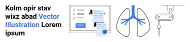 Düz çizgi vektörü ödeme makbuzu ve profilini, akciğer anatomisini ve damar içi damlasını gösteriyor. Fintech, sağlık, tanı, teknoloji, tıbbi tedavi, inovasyon soyut çizgisi için ideal