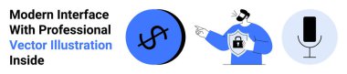 Kullanıcıların göğsündeki amblemi, dolar sembolünü ve mikrofonu kilitle. Siber güvenlik, finans, ses kontrolü, teknik çözümler, fintech, veri koruması düz iniş sayfası afişi için ideal