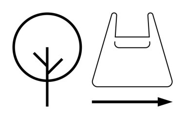 Tree outline beside plastic bag outline with an arrow pointing rightwards. Ideal for themes of environmental conservation, pollution, sustainability, waste management, natural resources, ecological clipart