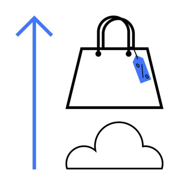 İndirim etiketli alışveriş torbası, büyümeyi gösteren büyük bir ok, bulut sembolü. E-ticaret, indirimler, perakende büyümesi, çevrimiçi alışveriş, bulut depolama, veri analizi iş eğilimleri için ideal