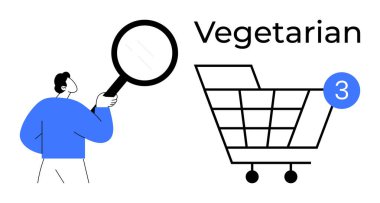 Elinde mavi 3 tebligat ve vejetaryen metni olan bir alışveriş arabasının yanında büyüteç tutan bir adam. Çevrimiçi alışveriş, perakende satış, vejetaryen yaşam tarzı, ürün arama, tüketici farkındalığı için ideal