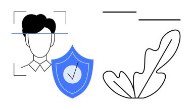 Kafa tarama izleri, mavi güvenlik kalkanı işaretli, soyut yaprak çizgisi sanatı. Kimlik doğrulama, siber güvenlik, koruma, biyometrik teknoloji, kimlik doğrulama, gizlilik soyut