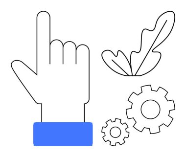 Yukarı doğru uzanan mavi kollu, yapraklı, birbirine kenetlenmiş iki dişli. Teknoloji, yenilik, sürdürülebilirlik, büyüme, takım çalışması eko-arkadaşlık gelişimi için idealdir. Doğal elementlerin karışımını yakalar