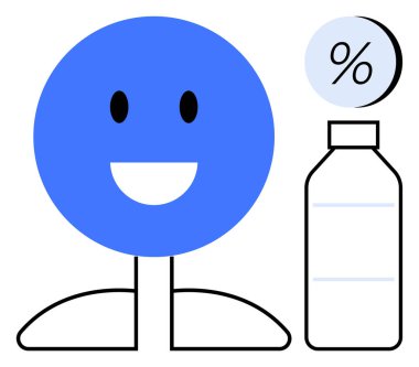 Mavi mutlu bir yüz, siyah gözler ve beyaz bir gülümseme bir su şişesi ve yüzde ikonunun yanında duruyor. Sağlık, su, ferahlatıcı, olumlu, sağlıklı, pazarlama ve yaşam tarzı için idealdir. Çizgi