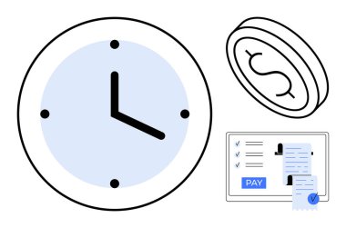 Zamanı temsil eden saat, parayı sembolize eden para ve ödeme düğmesi ve makbuzlu dijital ödeme ekranı. Zaman tasarrufu, mali planlama, verimlilik, bütçe ve çevrimiçi işlemler için ideal