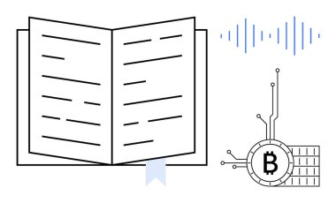 Kitabı ses dalgaları ve kripto para birimi sembolünün yanında aç. Eğitim, teknoloji, engelleme zinciri, dijital para birimi ve yenilikçi öğrenme yöntemleri için idealdir. Basit modern biçim
