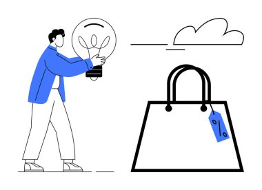 Elinde ampul tutan kişi, mavi etiketli büyük alışveriş çantasının yanında, arka planda bulut var. Yenilik için ideal, perakende stratejileri, yaratıcı pazarlama, alışveriş ilhamı, tüketici davranışı, fikir