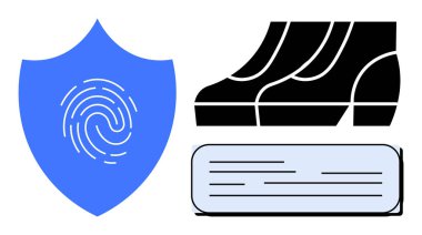 Parmak izi, ayak izi ve belgeyle korunan kalkanlar güvenliği, kimlik korumayı ve dijital izleri sembolize ediyor. Siber güvenlik, veri koruması, dijital kimlik, izleme yasası için ideal