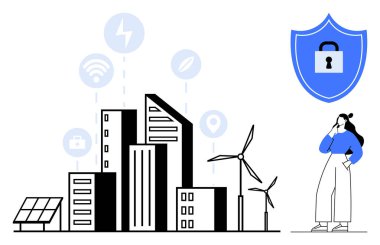 Rüzgâr türbinleri, güneş panelleri ve sürdürülebilirliği vurgulayan teknoloji simgelerine sahip yüksek binalar. Kalkan kilidi ikonunun yanındaki kadın güvenliği temsil ediyor. Teknoloji için ideal, yenilenebilir
