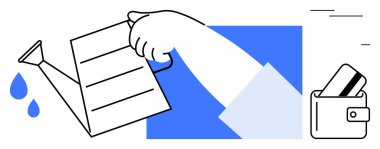 El ele tutuşup, su damlacıklarını fabrikanın yanında, cüzdanın yanında, kredi kartıyla. Finans, yatırım, para yönetimi, büyüme, tasarruf, ekonomi ve zenginlik temaları için ideal. Satır metaforu