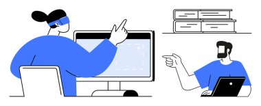 İki kişi dizüstü bilgisayar kullanarak sanal işbirliğine giriştiler. Biri ekranla etkileşime girerken kulaklık takıyor diğeri bilgiye işaret ediyor. Kitaplar yakınlarda. Takım çalışması için ideal, uzak çalışma