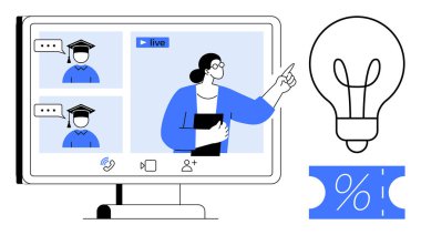Üç kişi bir bilgisayar ekranında canlı bir konferansa katılıyor. Bir konferans ve iki mezun dinliyor. E-öğrenim, uzaktan eğitim, webinarlar, sanal sınıflar, eğitim indirimleri için ideal