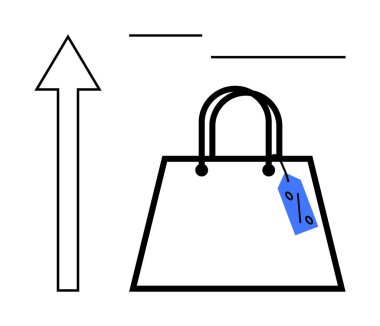 İndirimli etiketli alışveriş torbası ve yukarı bakan ok büyümeyi işaret ediyor. Satış tanıtımı, e-ticaret, alışveriş eğilimleri, tüketici davranışı, piyasa analizi, perakende stratejisi için ideal