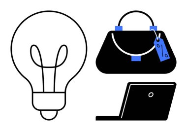 Ampul fikirleri simgeler, etiketli çanta ticareti, teknoloji için dizüstü bilgisayarı simgeler. İş ilhamı, e-ticaret, dijital yenilik, perakende pazarlama, teknoloji girişimleri, kavramsal girişimler için ideal