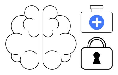 Mavi haçı ve asma kilidi olan bir sağlık çantasının yanında beyin simgesi. Akıl sağlığı, koruma, sağlık, beyin sağlığı, güvenlik, sağlık sigortası, bilişsel terapi için idealdir. Satır metaforu