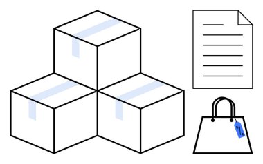 Bir alışveriş çantasının yanına istiflenmiş kutular ve içinde replikler olan belgeler. E-ticaret, nakliye, lojistik, perakende, ambalaj, envanter yönetimi ve teslimat süreçleri için idealdir. Soyut satır düzlüğü