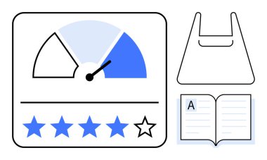 Müşteri derecelendirme aleti, yarı dolu alışveriş çantası, açık metin. Müşteri memnuniyeti, ürün değerlendirmeleri, e-ticaret, perakende geribildirim, materyal kalitesi, tüketici davranışı için ideal