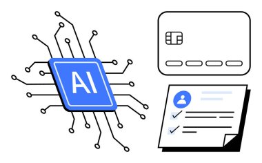 Çizgilere bağlı yapay zeka çipi, üstünde kredi kartı ve kullanıcı verileri ve işaretleri olan belgeler. Teknoloji, finans, bankacılık, güvenlik, dijital kimlik, gelecekteki yapay zeka uygulamaları için ideal