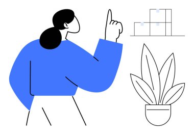 Yukarı doğru hareketli bir kadın, yanında kutular olan organize bir tablo ve saksıda yapraklı bir bitki. İş stratejisi, organizasyon, planlama, üretkenlik, büyüme, sunum eğitimi için ideal