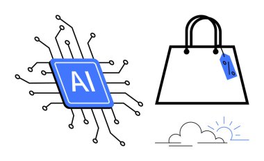 Devrelerle bağlantılı yapay zeka çipi, fiyat etiketli alışveriş çantası, ufukta güneş olan bulut. Teknoloji, perakende satış, e-ticaret, yenilik, gelecekteki dijital ekonomi otomasyonu için ideal. Modern