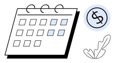 Vurgulanmış günleri, dolar işaretlerini ve yaprakları olan takvim. Finans yönetimi, iş planlaması, bütçe, zaman yönetimi, tasarruf takibi, ekonomik tahmin organizasyon stratejileri için ideal