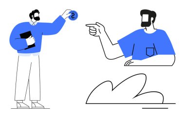 Sakallı iki adam. Biri bir dolar işareti olan bozuk parayı verir, diğeri de işaret eder. Finans, iş birliği, işlemler, anlaşmalar, takım çalışması, yatırım, karar verme mekanizması için ideal