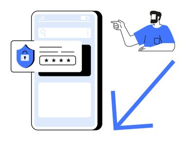 Güvenli giriş, şifre alanı, kalkan simgesi olan cep telefonu. Adam işaret ediyor, aşağı doğru büyük mavi ok. Siber güvenlik, uygulama tasarımı, kullanıcı kimlik denetimi, şifre koruması dijital güvenlik için ideal