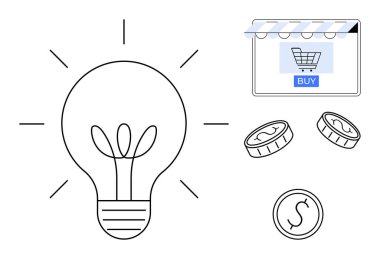 Fikirleri sembolize eden ampul, alışveriş sepetli vitrin ve satın alma düğmesi, gelirleri temsil eden madeni paralar. Ticari görüşler, girişimcilik, e-ticaret, yenilik ve girişim için ideal