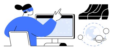 VR kulaklık takan kişi bilgisayarla etkileşime giriyor. Dijital grafik, 3 boyutlu şekiller ve gezegen sistemi nesneleri etrafını sarar. Teknoloji, eğitim, yenilik, sanal gerçeklik, bilimsel keşif için ideal