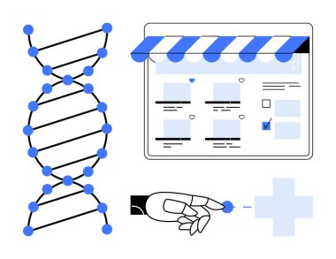Noktalı DNA sarmalı, çevrimiçi bir mağazaya benzeyen arayüz, tıbbi haçı gösteren robot el. Biyoteknoloji, dijital sağlık, tıbbi yenilik, e-ticaret sağlık hizmetleri, genetik