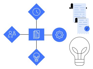 Zaman, işbirliği, fikirler ve süreç merkezli mavi ve beyaz bir görsel diyagram bir belge simgesi etrafında. Proje yönetimi, takım çalışması, beyin fırtınası, iş akışı için ideal
