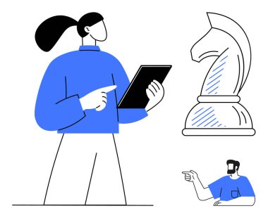 Kadın bir tablet tutuyor, işaret ediyor, erkek kabul ediyor, ve bir şövalye satranç taşı stratejiyi simgeliyor. Liderlik, takım çalışması, eğitim, teknoloji, planlama için ideal